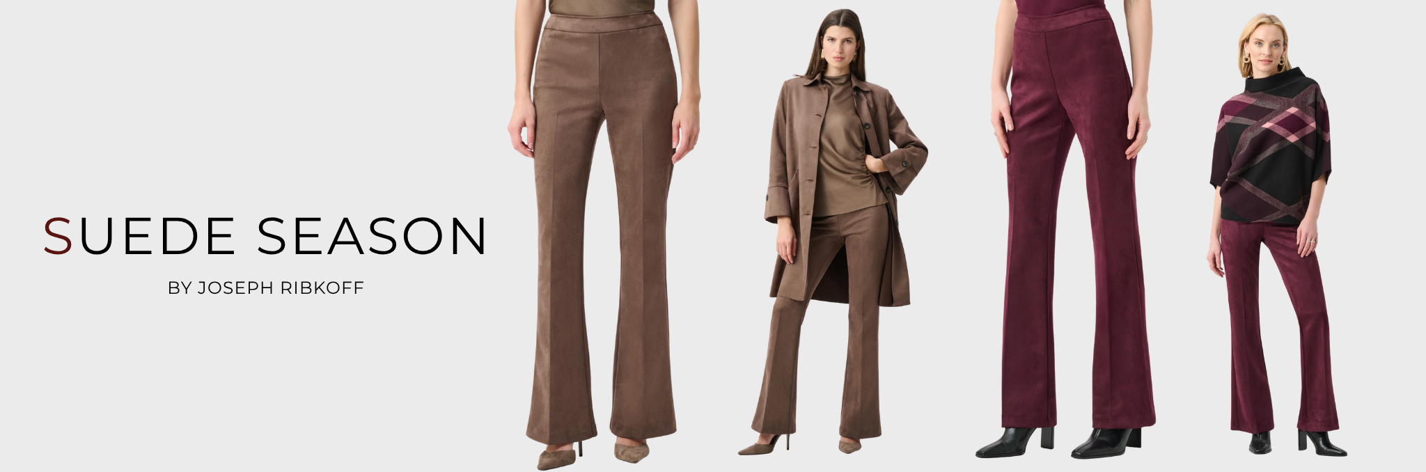Suede season by Joseph Ribkoff. Twee modellen met de nieuwe flared broek van Joseph Ribkoff