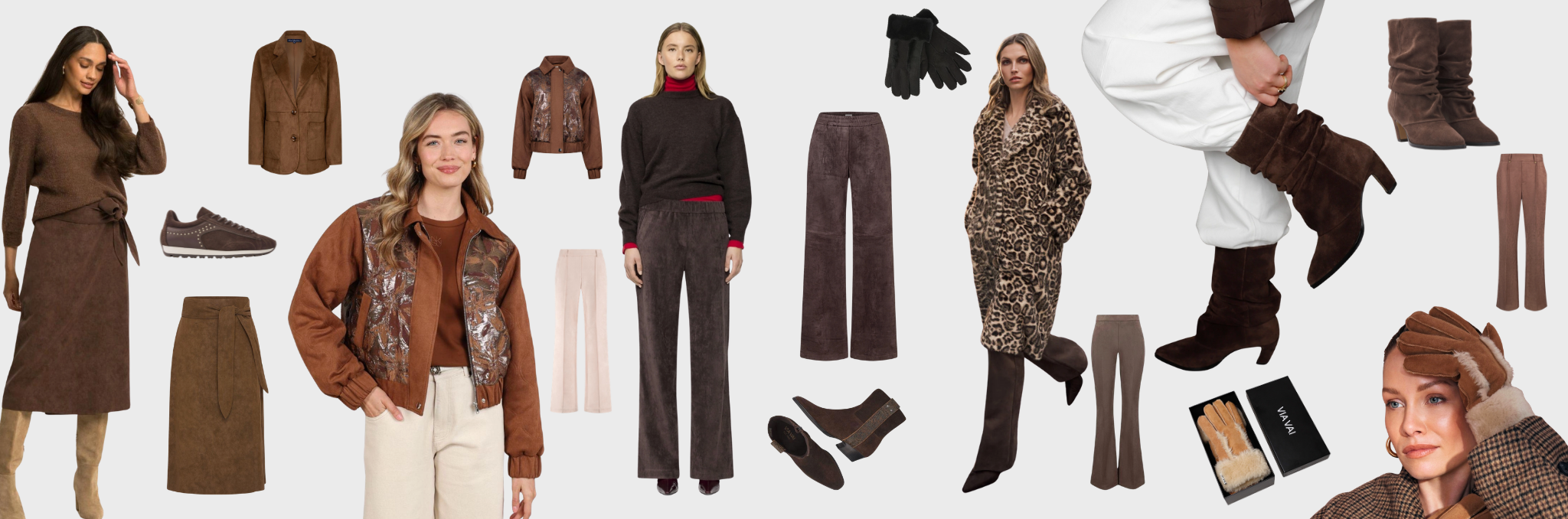 Foto met verschillende suede items ter inspiratie.