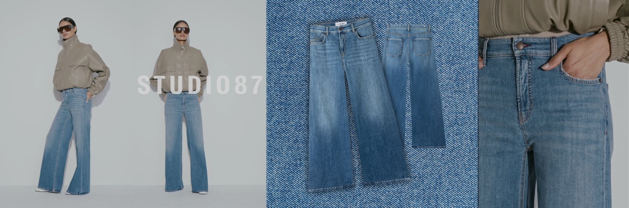 Model met nieuwe Cambio jeans. Voor- en achterkant van jeans. Studio87