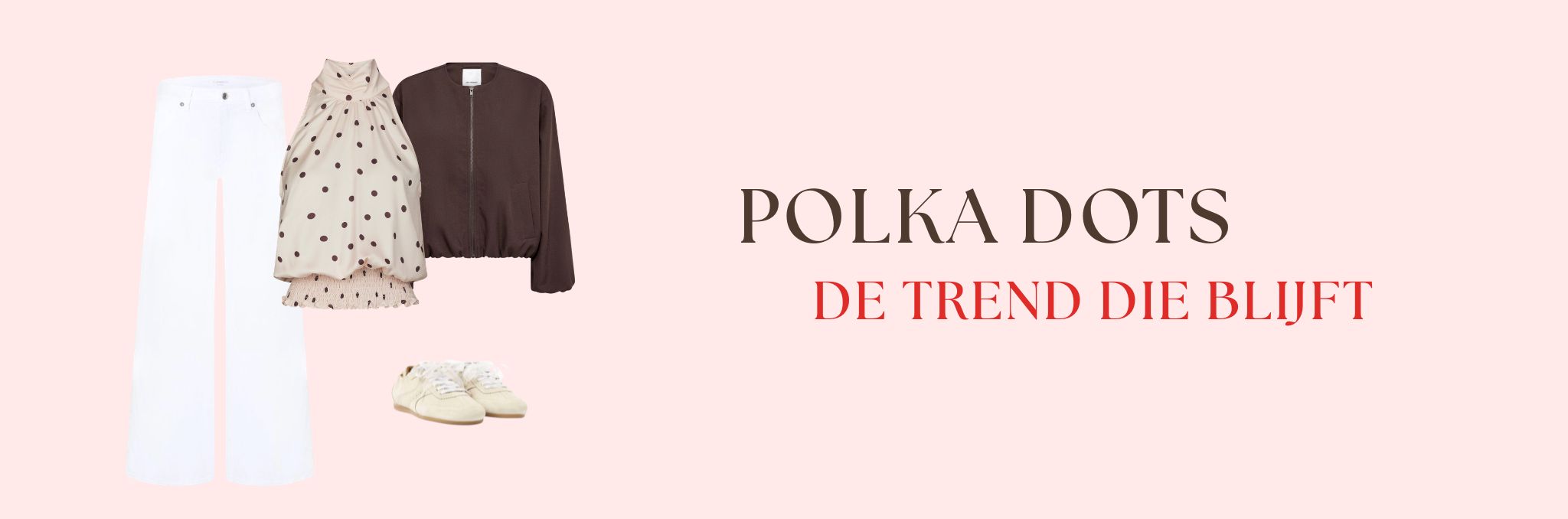 Complete polka dots outfit met bruine vest, roze top en witte jeans.
