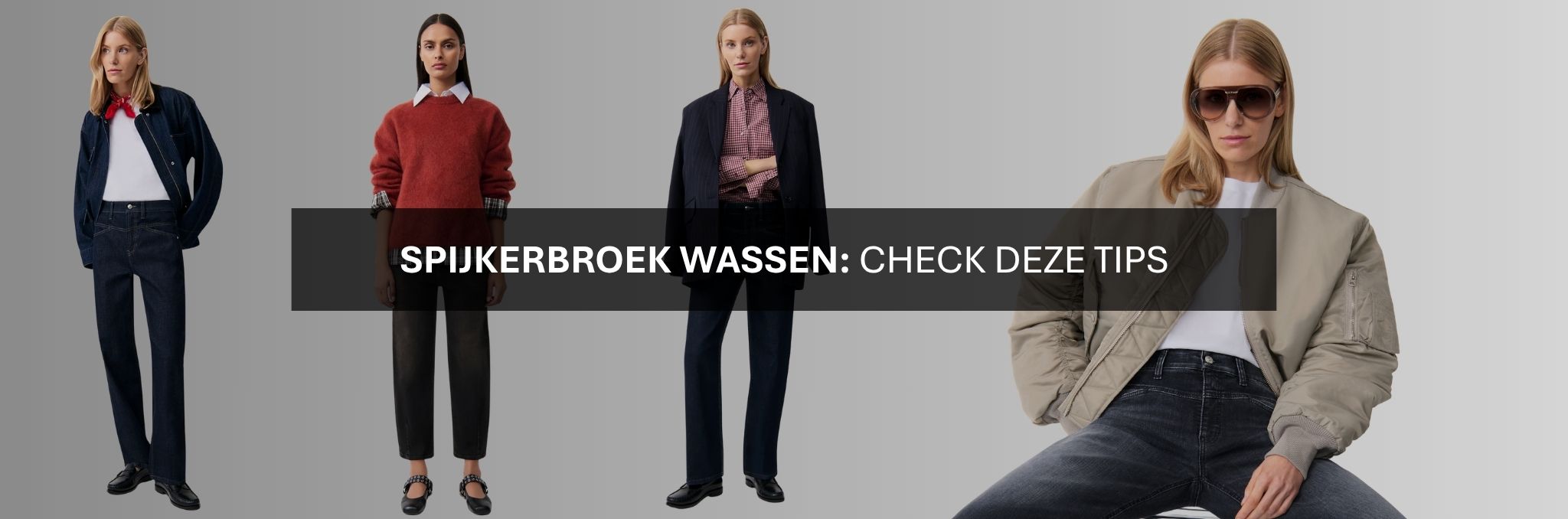 Jeans op modellen. Vier verschillende modelfoto's met verschillende spijkerbroeken