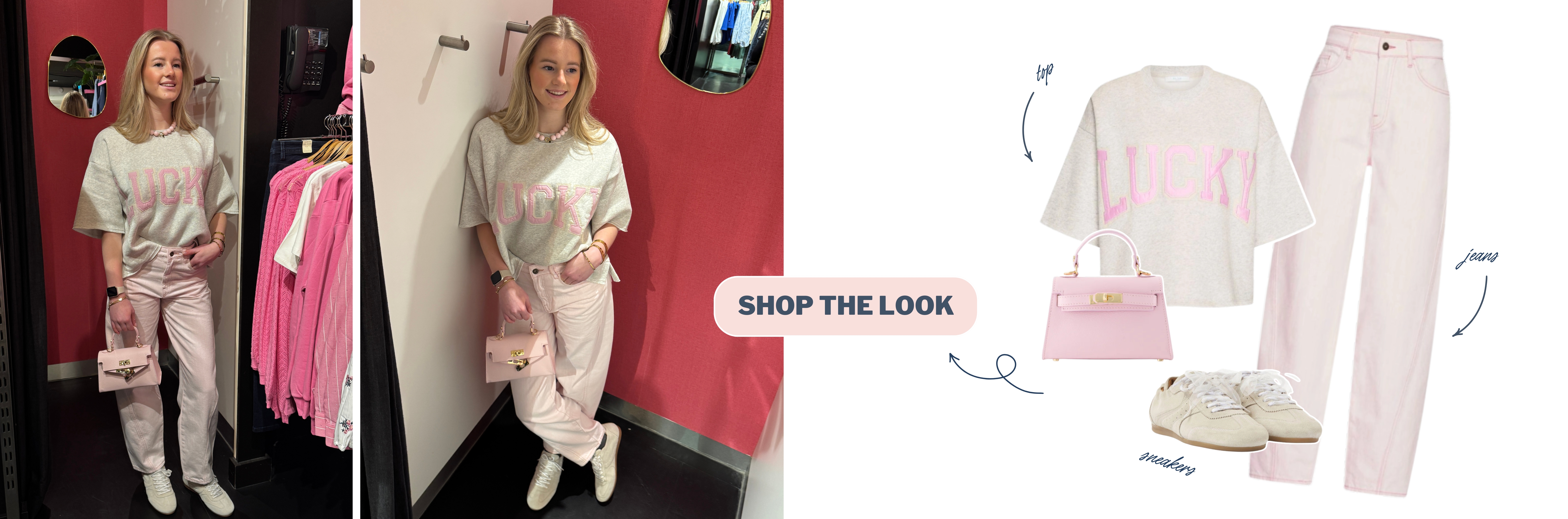 Model draagt een roze barrel jeans met een grijze top en roze tas.