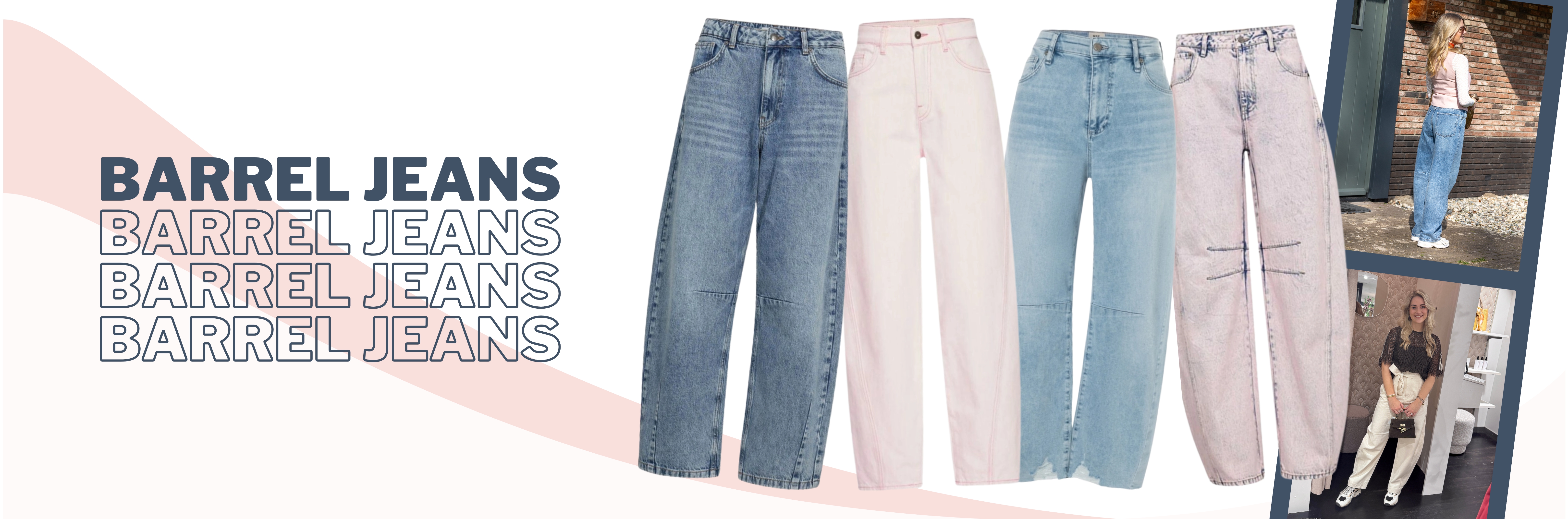 Banner met de tekst &ldquo;Barrel Jeans&rdquo; en afbeeldingen van vijf verschillende barrel jeans in diverse wassingen, plus twee foto&rsquo;s van modellen die de jeans dragen.