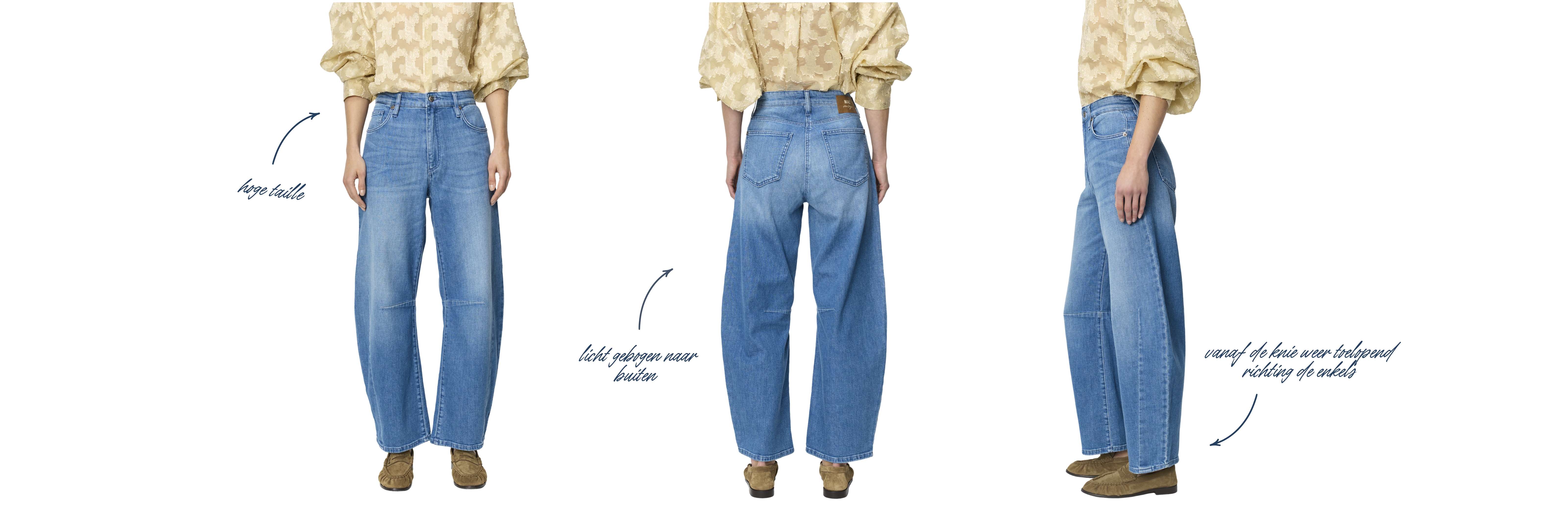 Model draagt een blauwe barrel jeans met hoge taille; de pijpen zijn licht naar buiten gebogen en lopen vanaf de knie weer recht naar de enkels, getoond van voren, achteren en opzij met toelichtende pijlen.