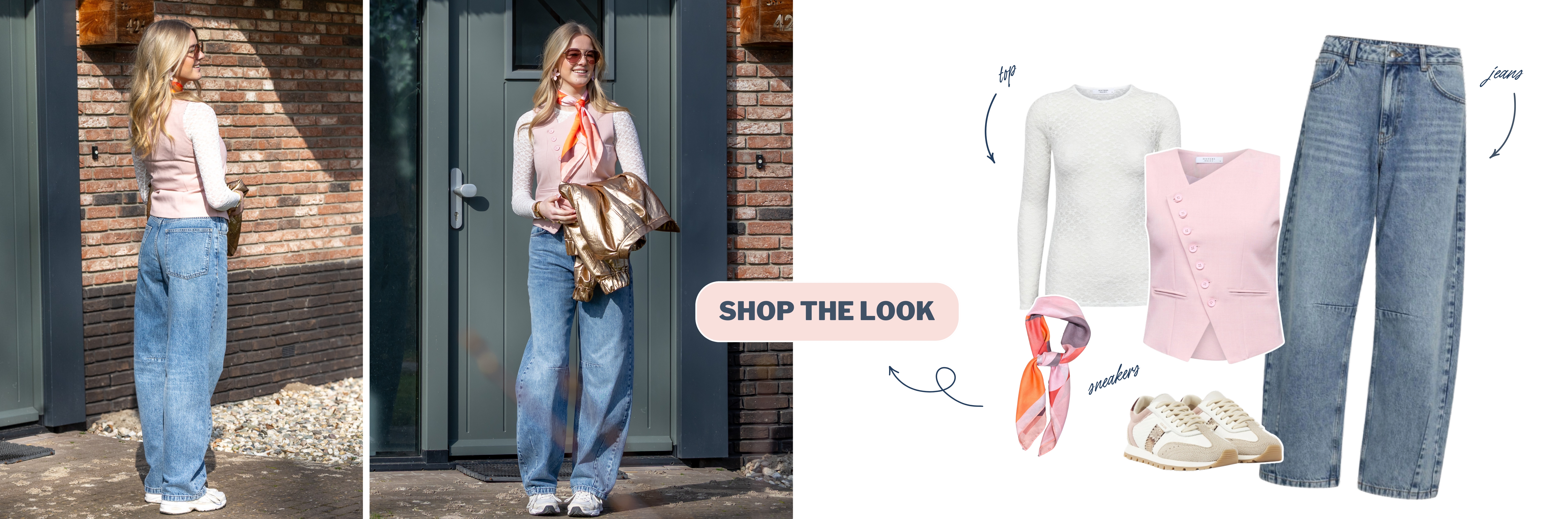Model draagt een blauwe barrel jeans met roze top en sjaaltje, gefotografeerd van achteren en van voren bij een voordeur.