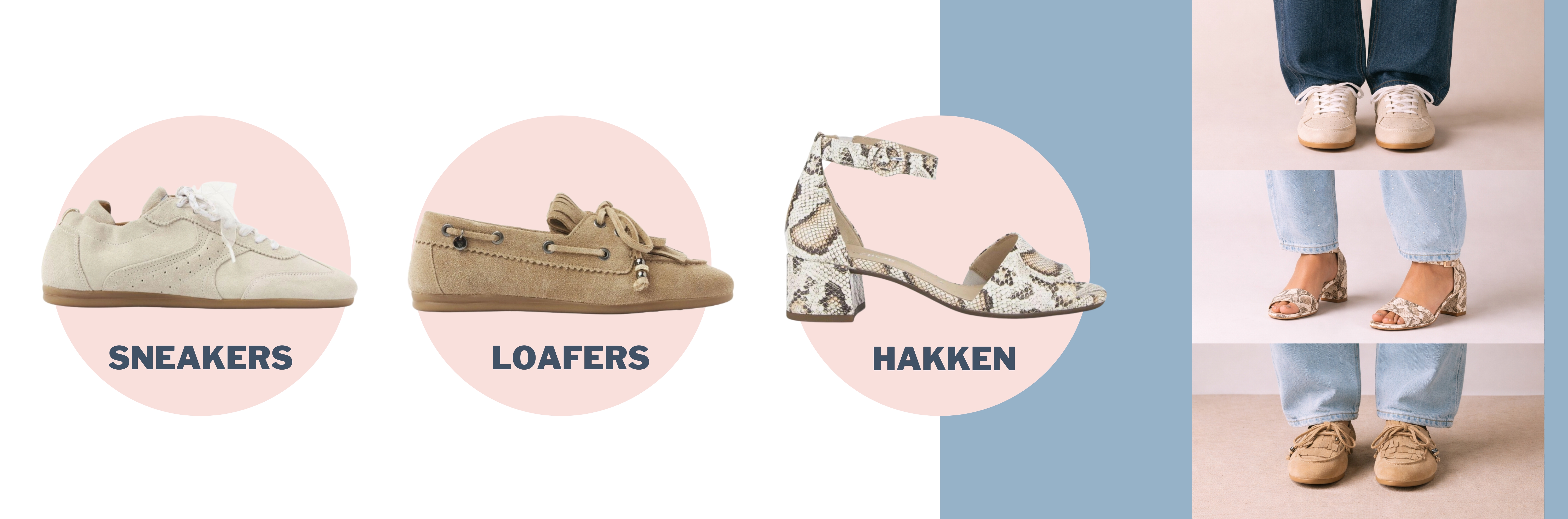 Drie verschillende schoenencombinaties onder een barrel jeans: sneakers, loafers en hakken.
