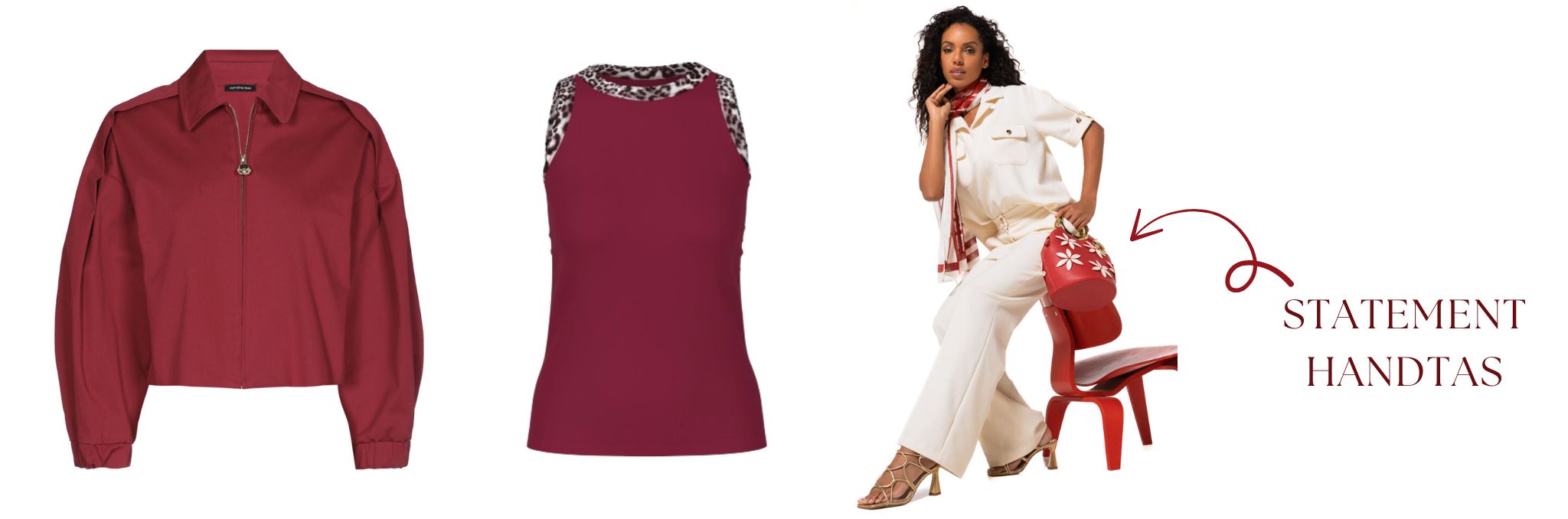 Kersenrode jas en top naast een model met een cr&egrave;me outfit en rode statement handtas, met de tekst: &ldquo;Statement handtas&rdquo;.