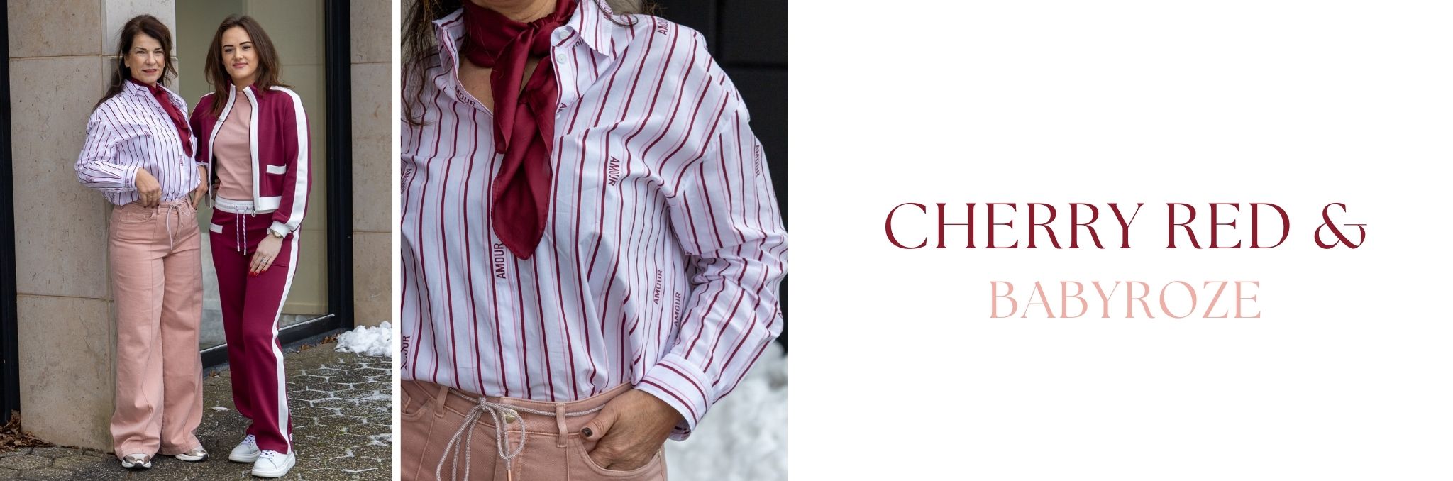 Twee modellen in kersenrode en babyroze outfits met kersenrode details en sjaaltje, met de tekst: &ldquo;Cherry red en baby roze&rdquo;.