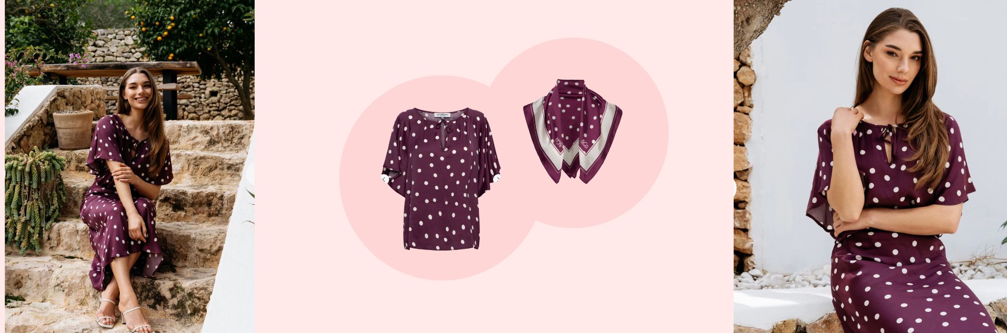 Polka dots top met paarse achtergrond. Model met polka dot top als eyecatcher