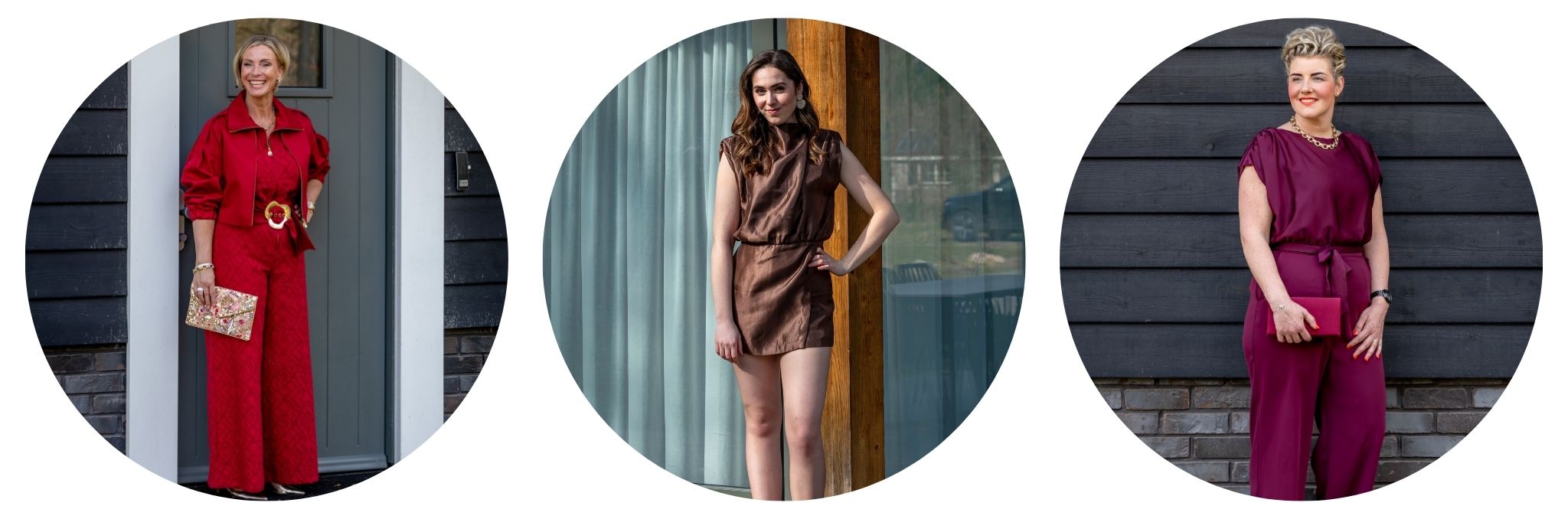 Drie vrouwen in stijlvolle gelegenheidskleding: een rode jumpsuit met clutch, een korte bruine satijnen playsuit en een paarse jumpsuit.