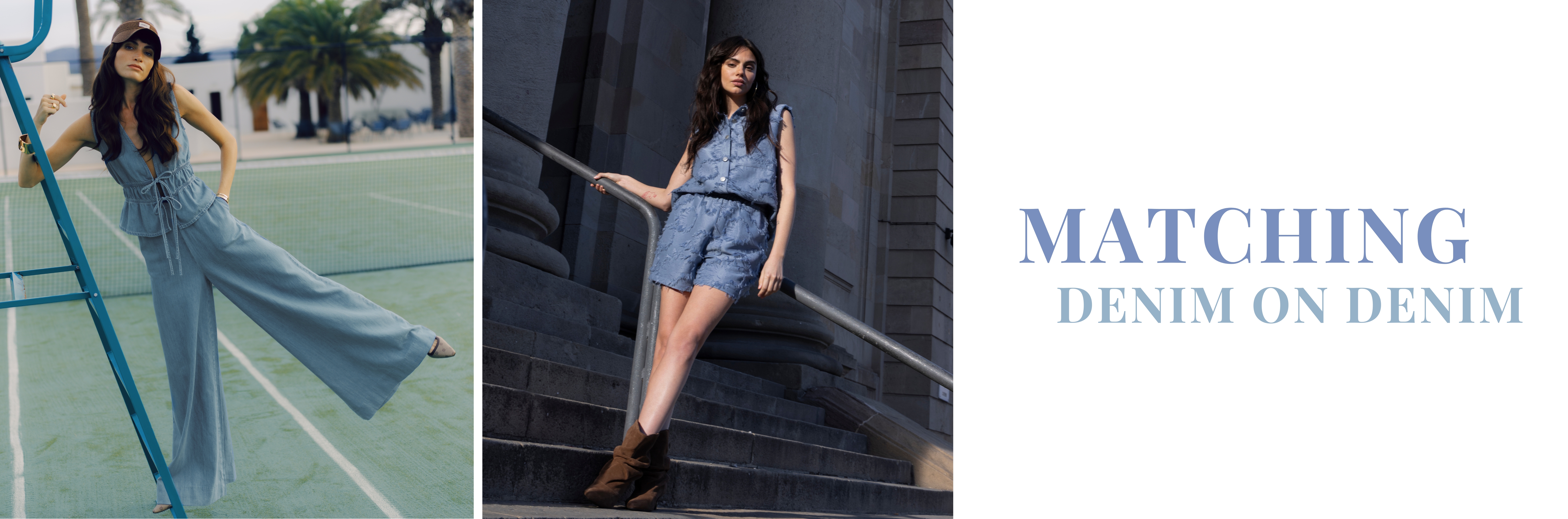 Twee modellen in denim co-ord sets met de tekst