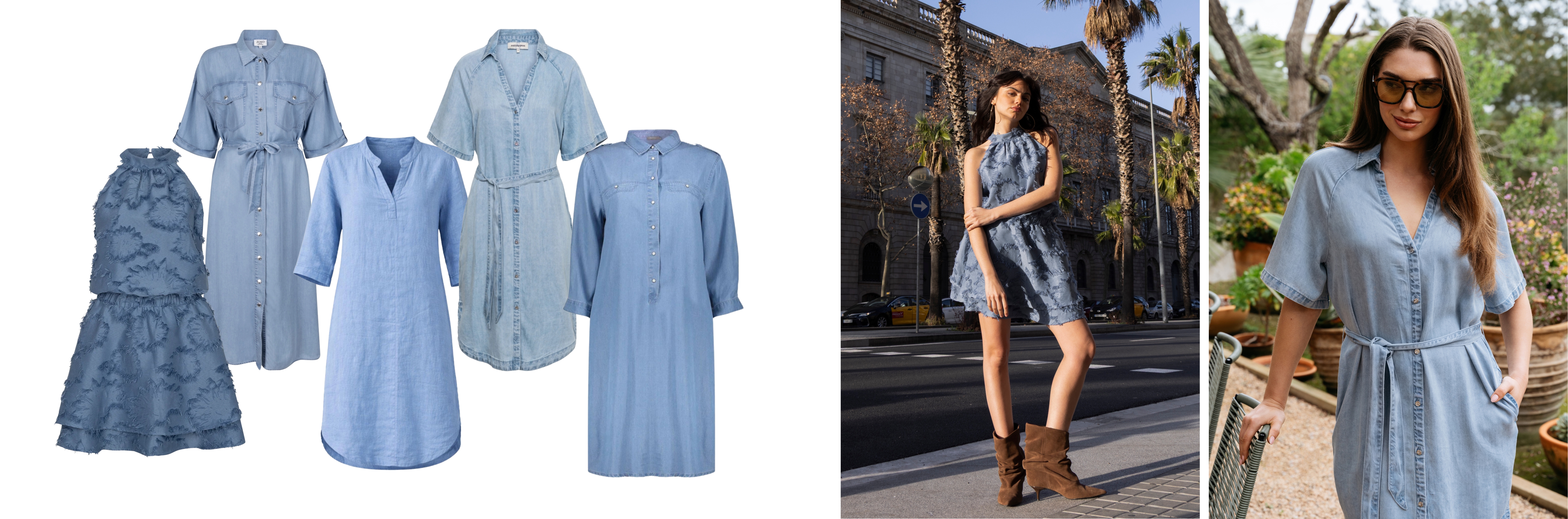 Lichtblauwe denim jurken en twee modellen in denim jurken.