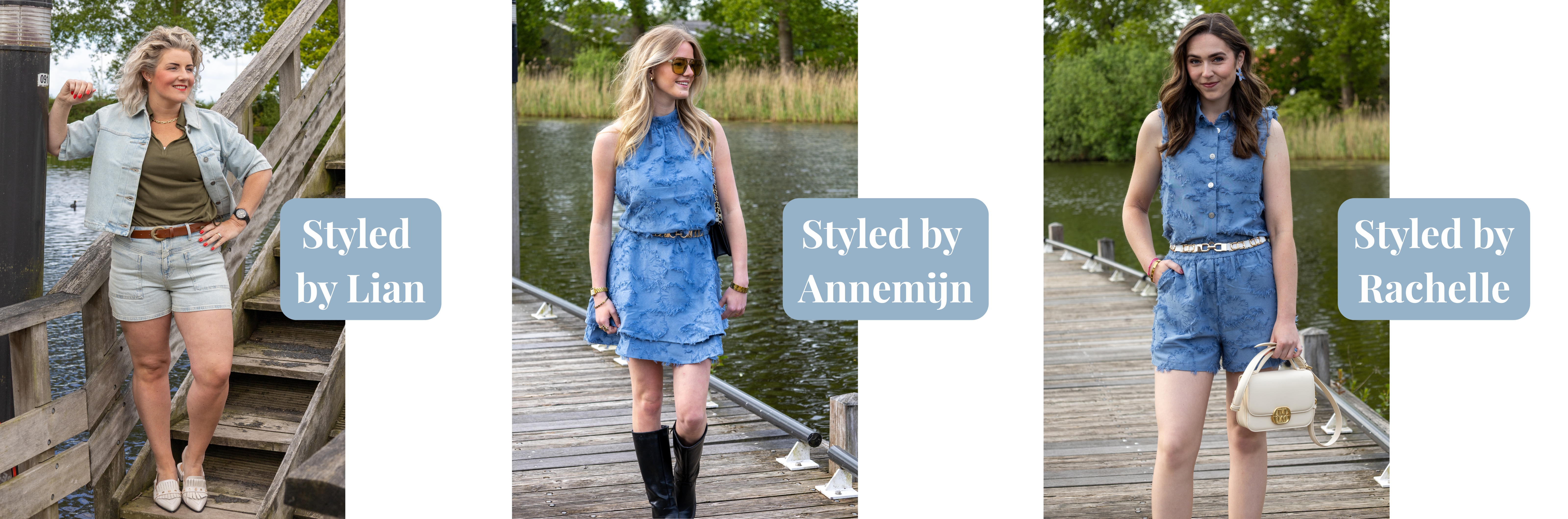Drie modellen in denim outfits voor de zomer