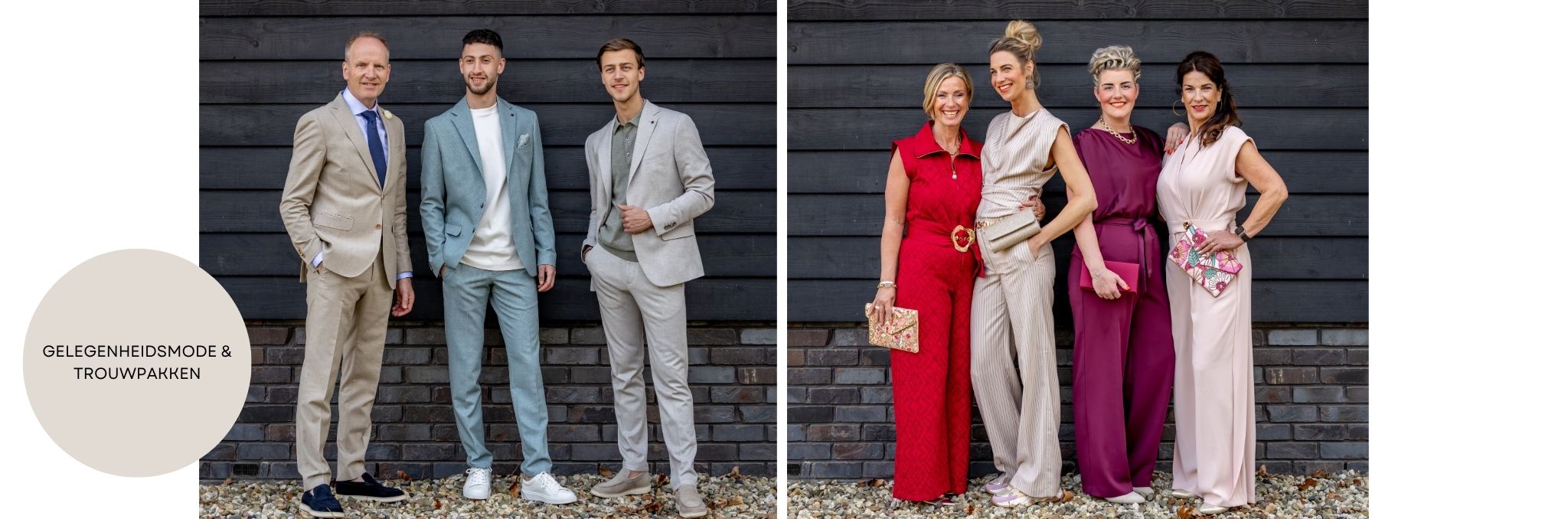 Drie mannen in nette gelegenheidskleding en vier vrouwen in elegante outfits, geschikt voor bruiloften en feestelijke gelegenheden.