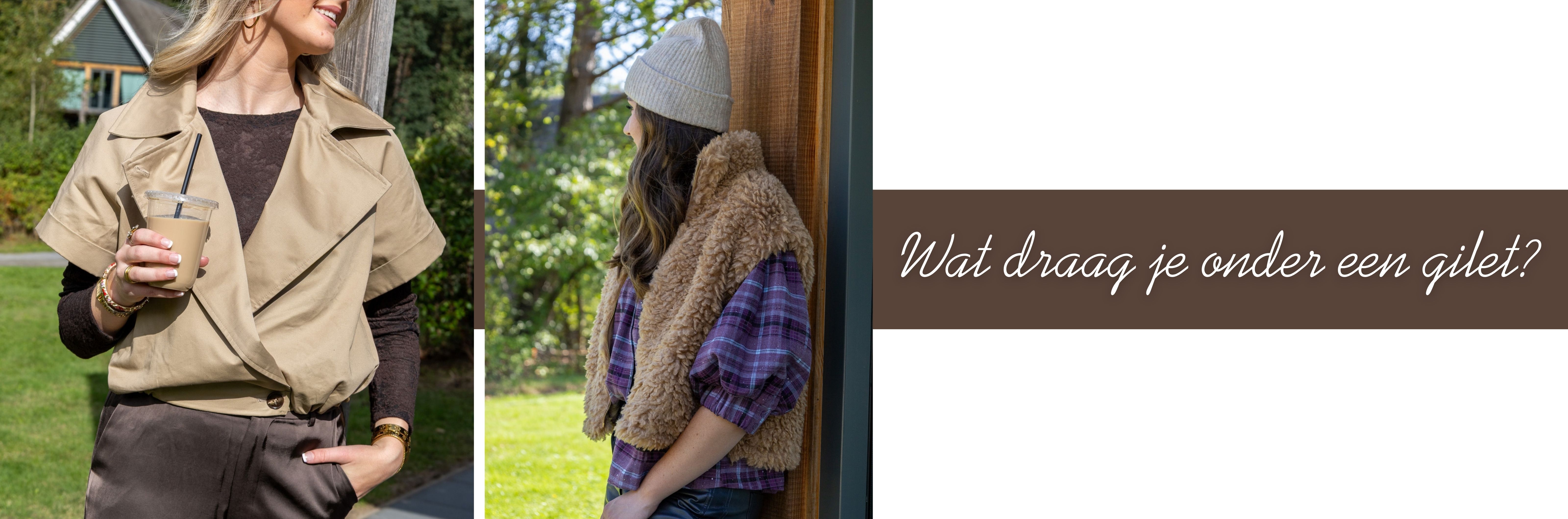 Gilet combineren, teddy gilet en blouse met ruitpatroon, gilet met bruine kantentop