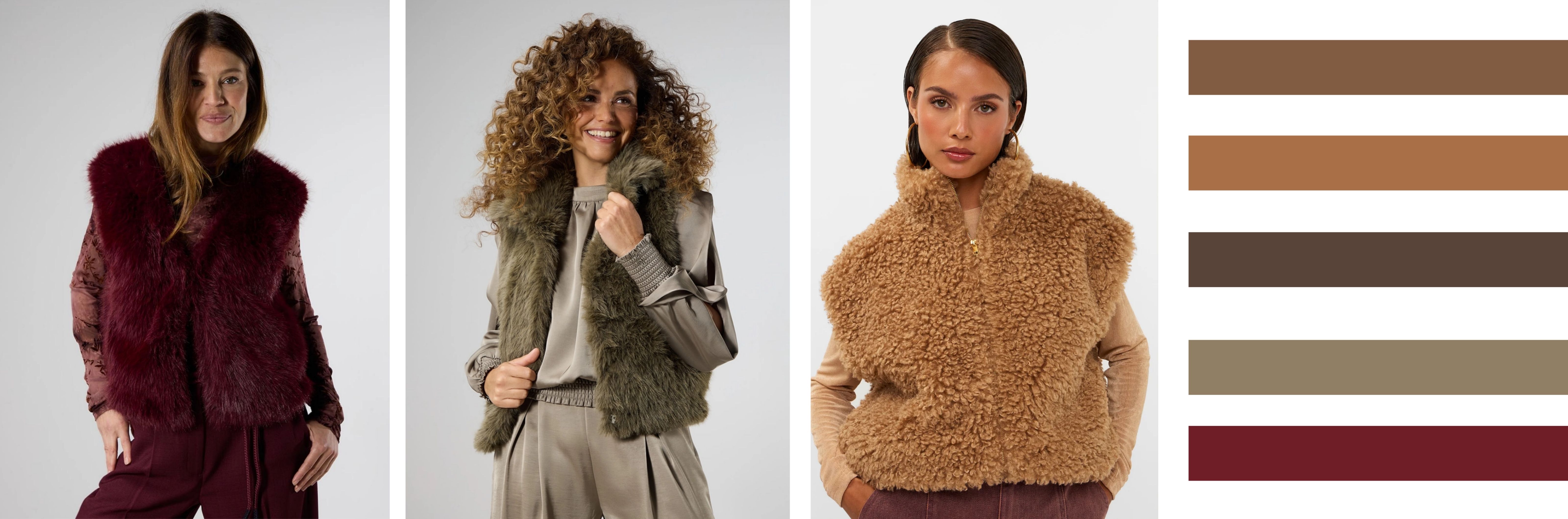 Bordeaux rood gilet, groen gilet en bruin teddy gilet voor een winterlook in de trendkleuren 2026