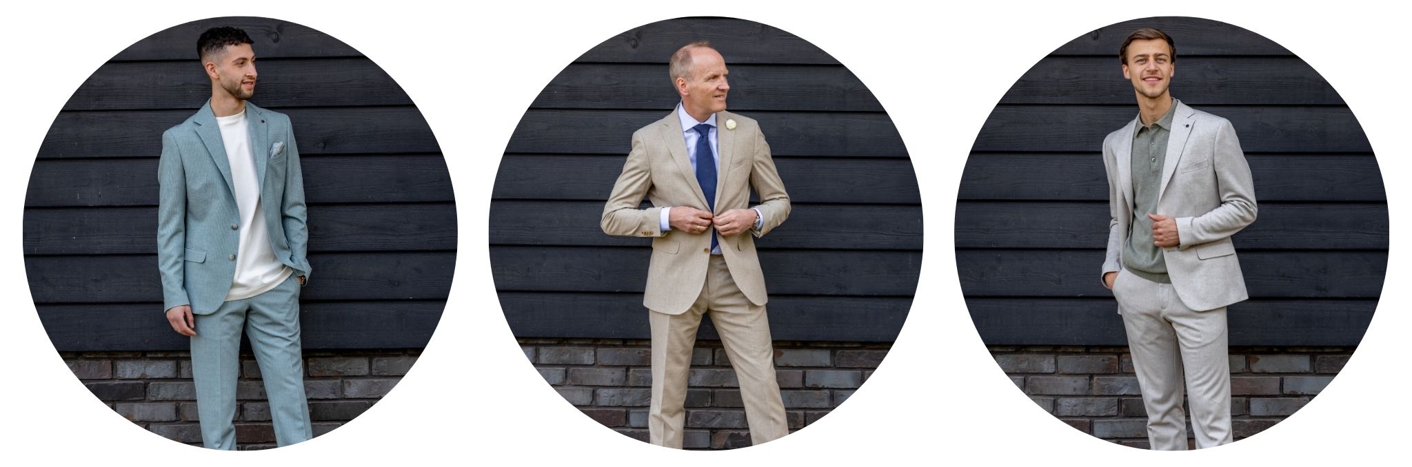 Drie mannen in moderne gelegenheidskleding: een lichtblauw pak, een beige pak met stropdas en een lichtgrijs pak.