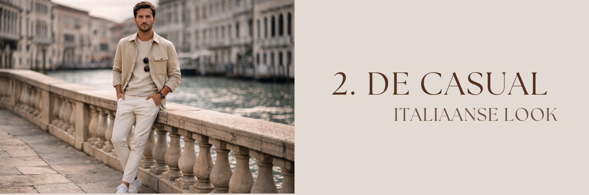 Casual Italiaanse look &ndash; man in overshirt en trui, witte sneakers, relaxed, Venetiaanse of Italiaanse straatstijl achtergrond.