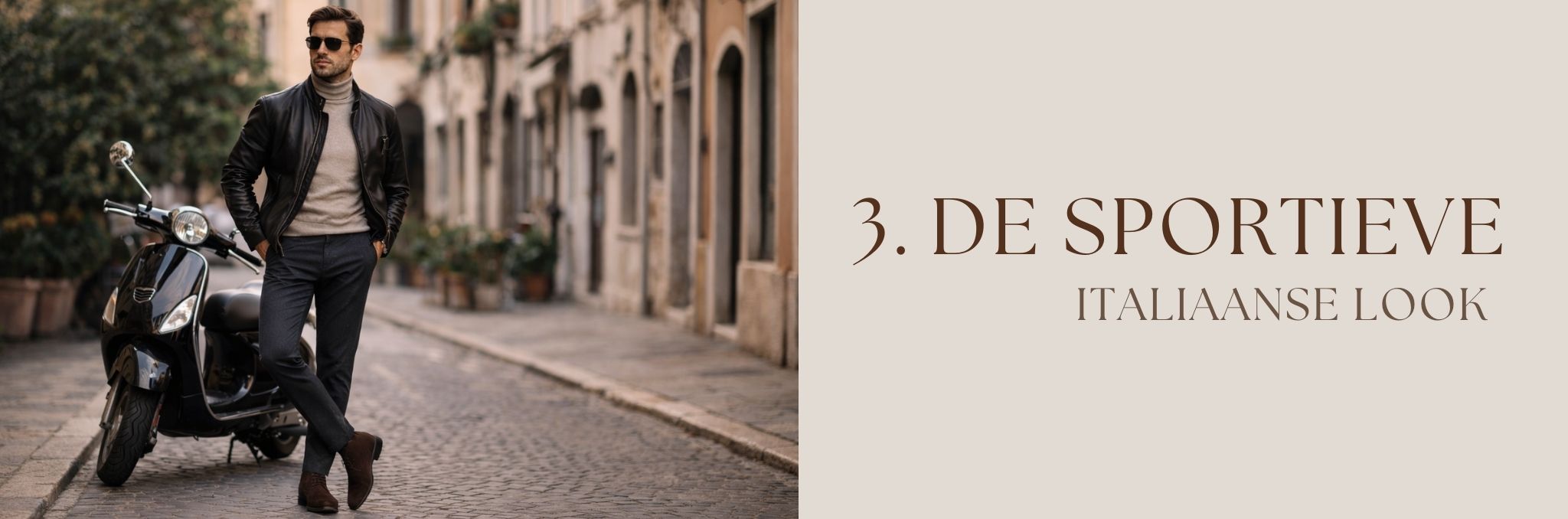 Sportieve Italiaanse look &ndash; man in leren bikerjack, coltrui, nette broek, bij een Vespa op een straat met Italiaanse sfeer.