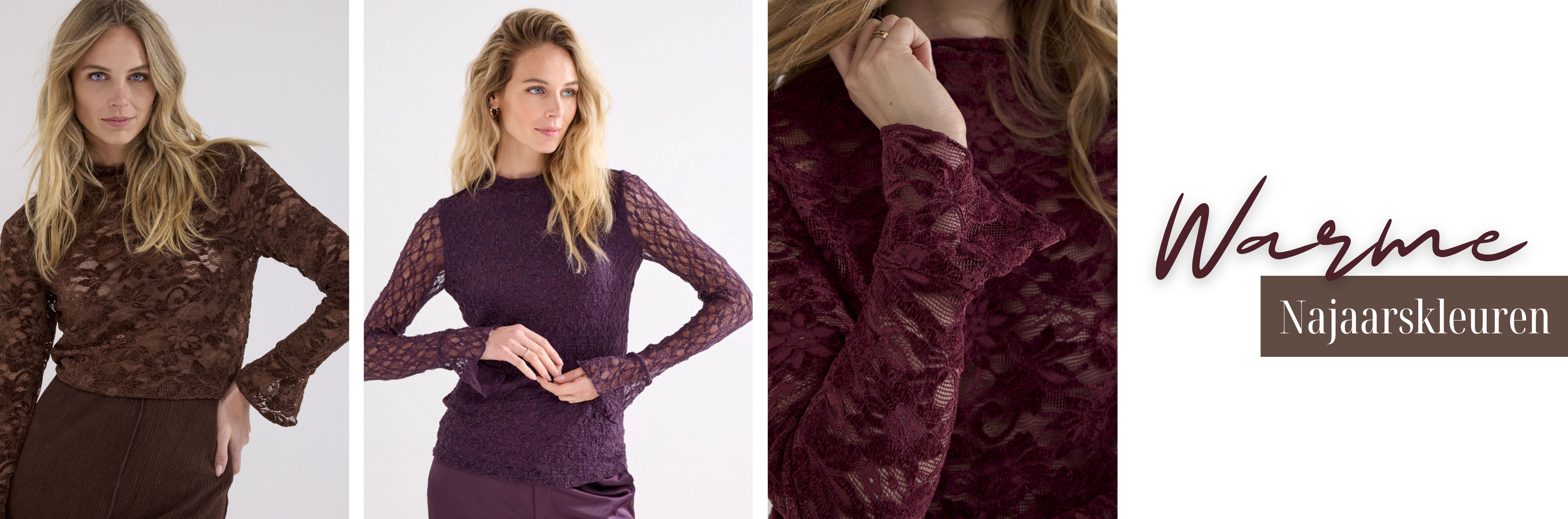 Kanten tops in warme najaarskleuren: bruin, plum en bordeaux