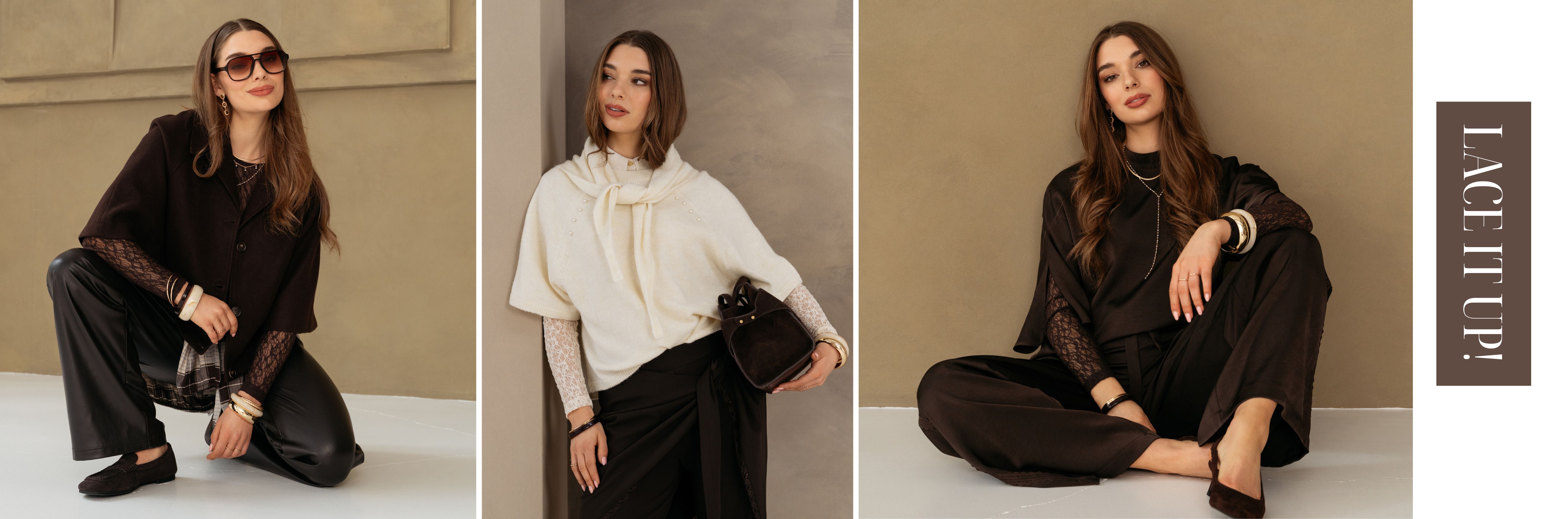 Bruine en beige kanten tops gecombineerd onder een trui voor een layering look