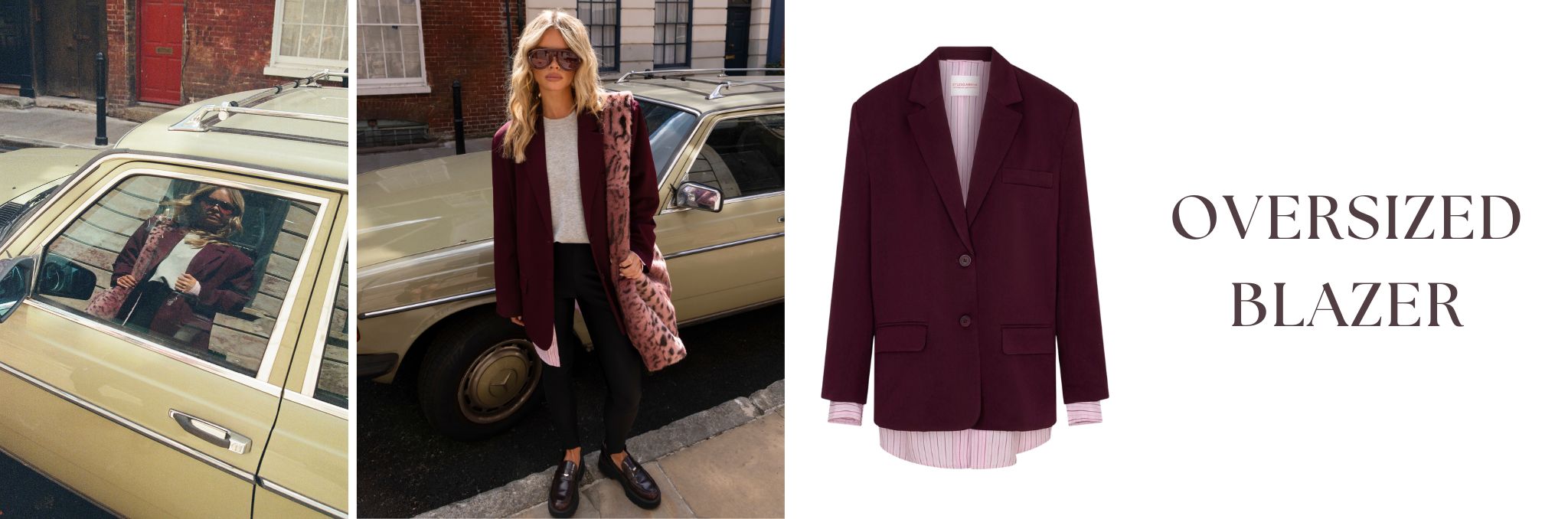 Een dame in een sporty outfit met een bordeaux rode oversized blazer
