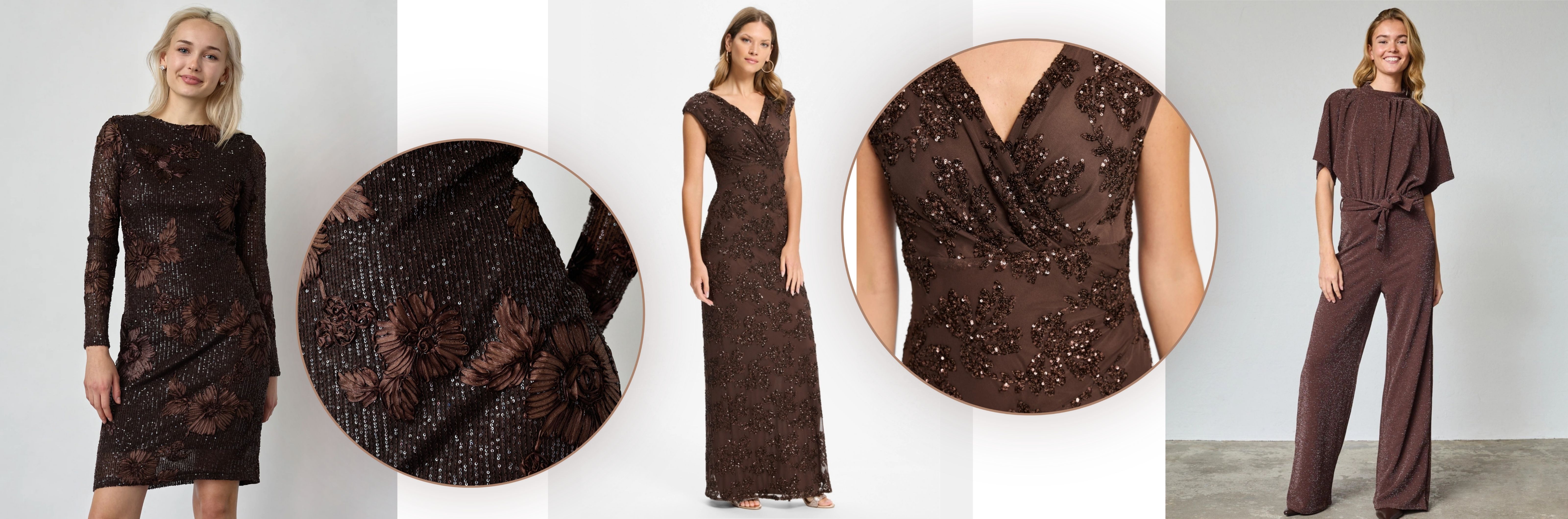 Lange bruine jurk met pailletten en een korte bruine jurk met pailletten en een glitter jumpsuit