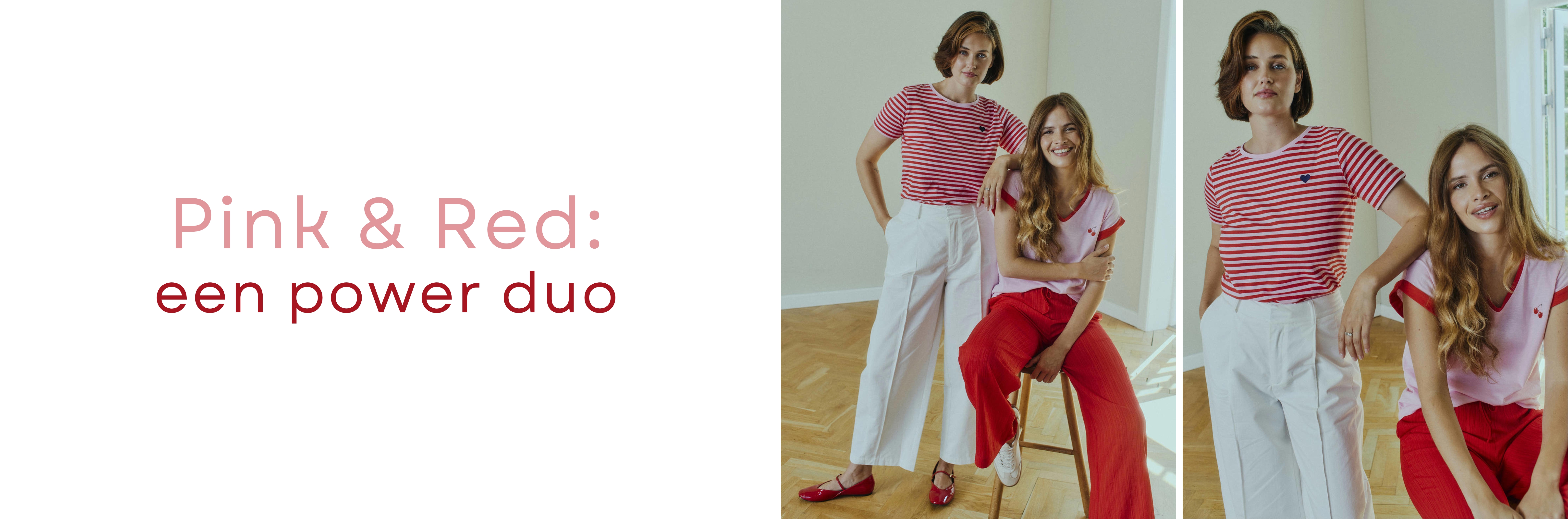 &ldquo;Afbeelding met de tekst &lsquo;pink & red: een power duo&rsquo; naast twee modellen in stijlvolle roze en rode outfits.&rdquo;