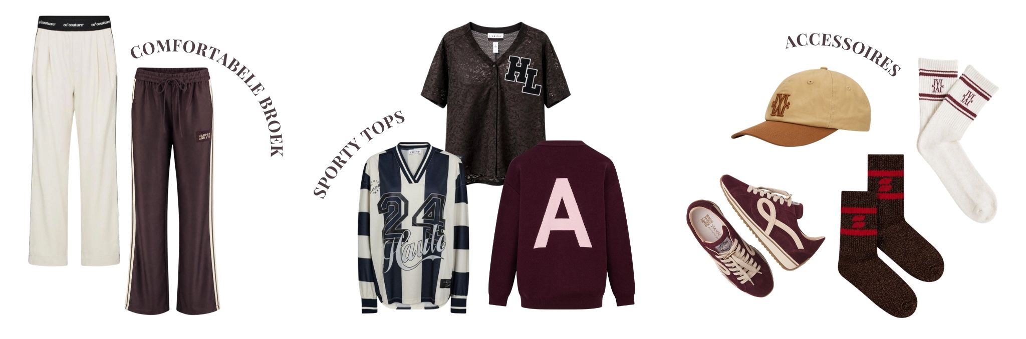 Sporty chic items: twee comfortabele broeken, drie sporty bovenkledingstukken en sporty chic accessoires zoals een pet, sokken en sneakers