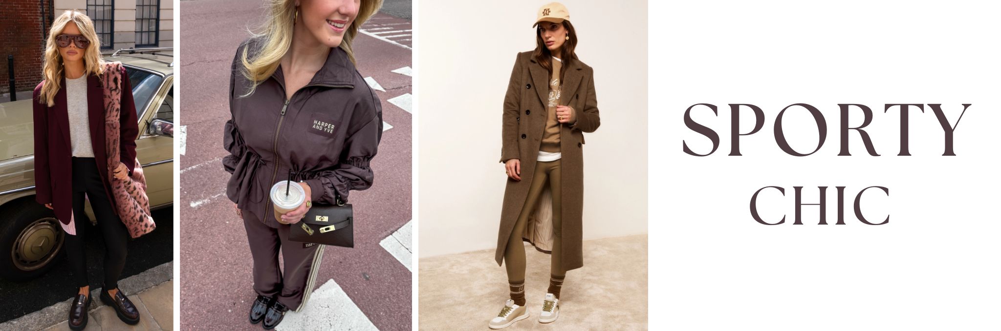 Drie dames in sporty chic outfits in het bruin, bordeaux en groen