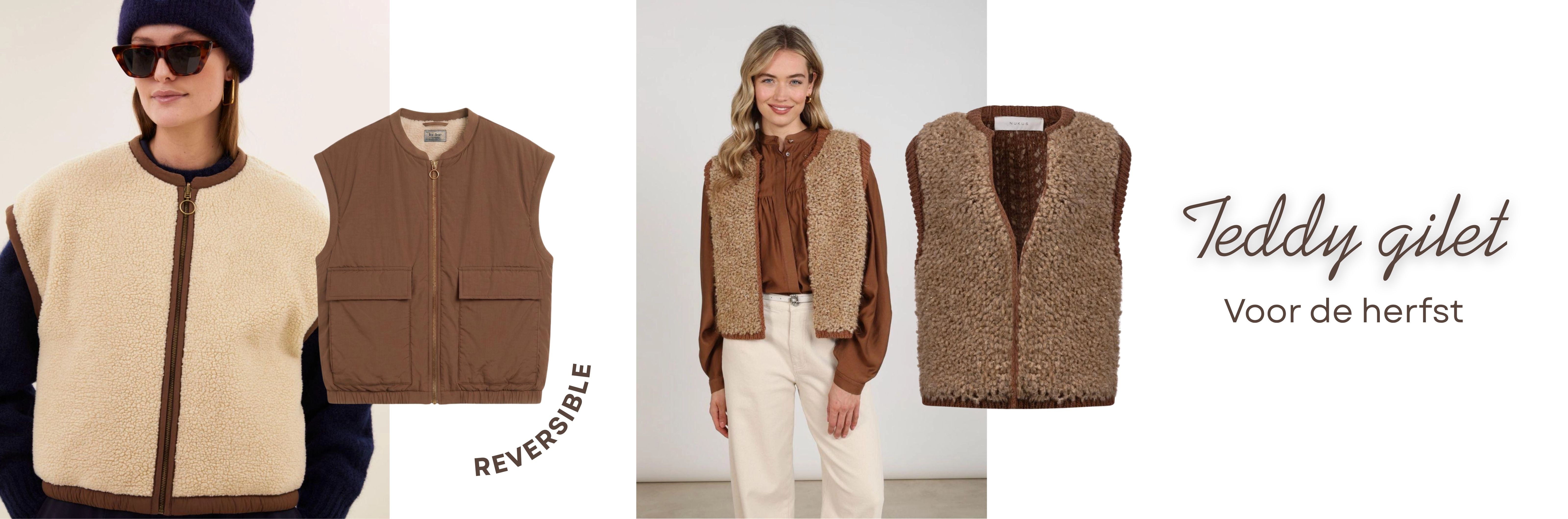Teddy gilet die je aan twee kanten kunt dragen en een teddy gilet van Nukus voor een herfstlook met laagjes