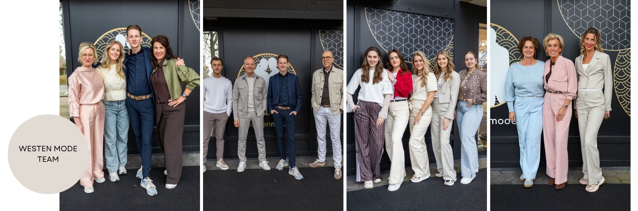 Medewerkers van het team poseren samen in nieuwe kleding