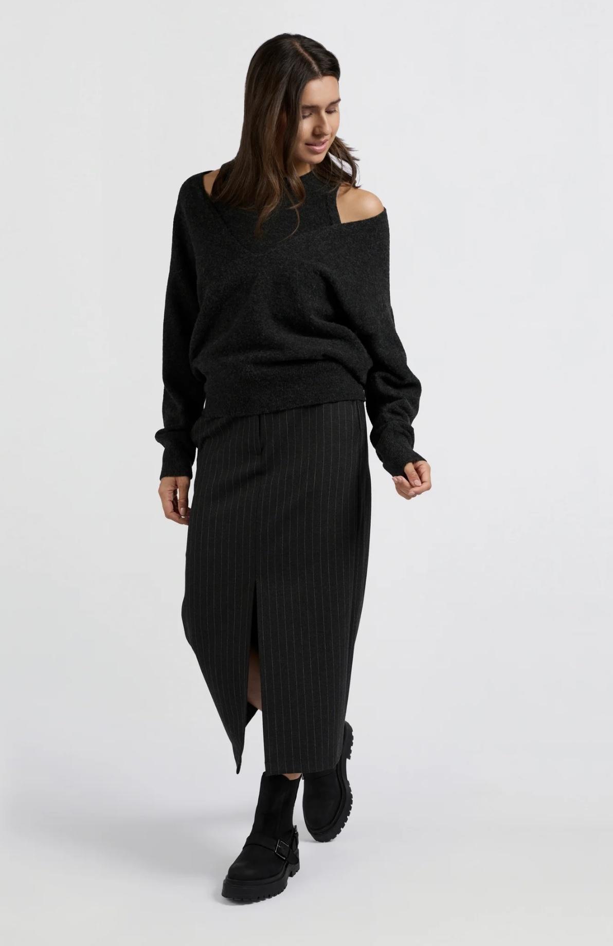 Yaya Soft woven pinstripe midi skir 999441 Anthracite dessin