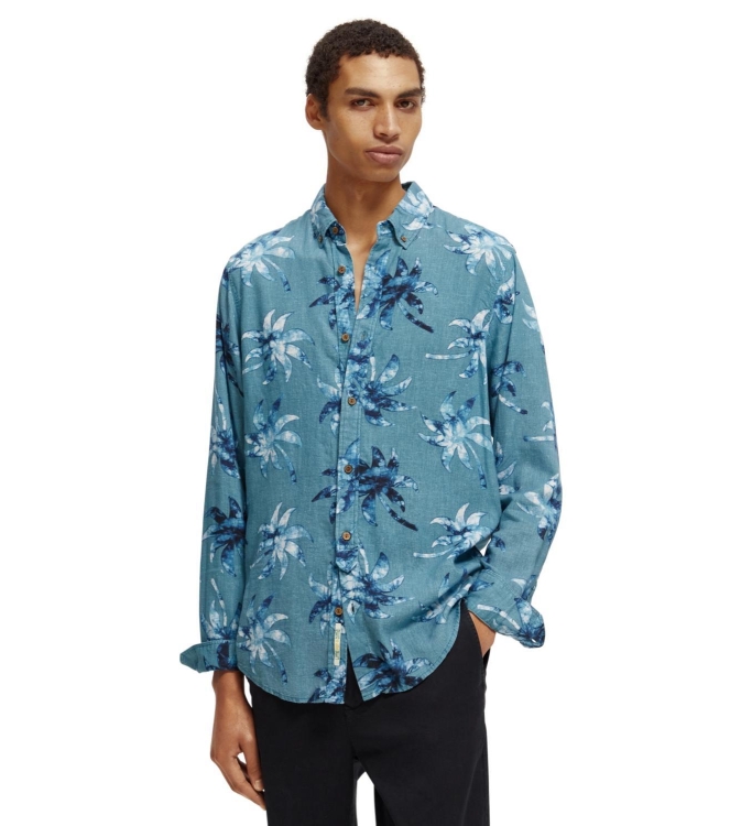 Scotch and Soda Printed linen-viscose blend shirt 5735 Turquoise Wax Leaf Aop