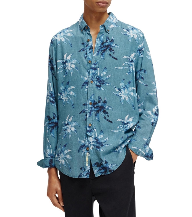 Scotch and Soda Printed linen-viscose blend shirt 5735 Turquoise Wax Leaf Aop