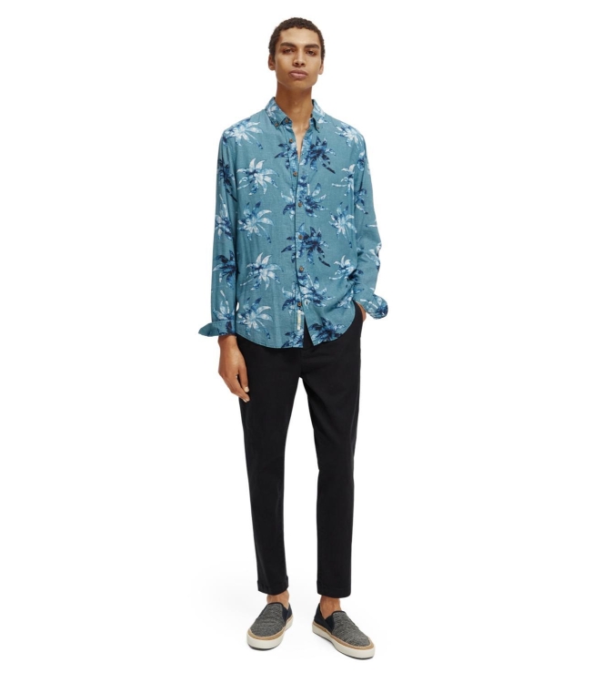 Scotch and Soda Printed linen-viscose blend shirt 5735 Turquoise Wax Leaf Aop