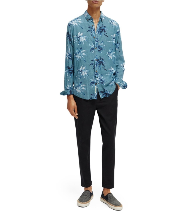 Scotch and Soda Printed linen-viscose blend shirt 5735 Turquoise Wax Leaf Aop