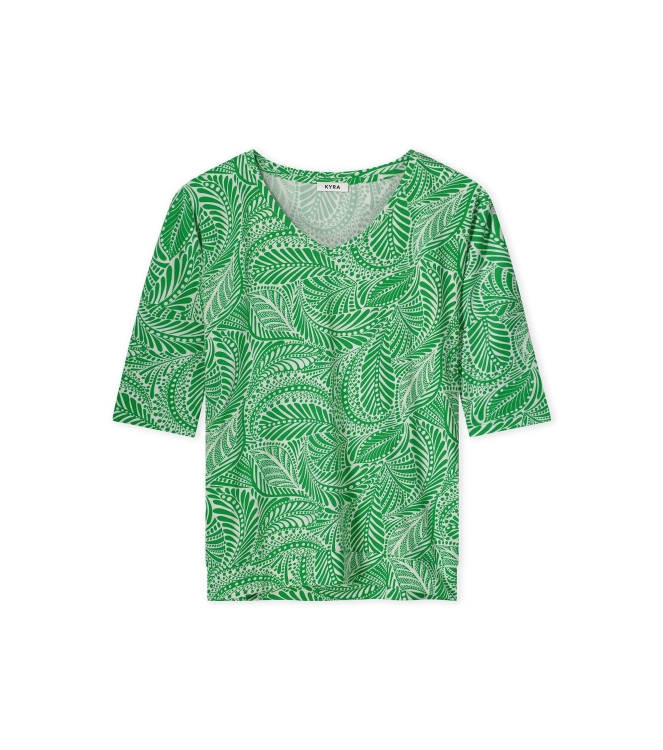 Kyra top s.slv bi-color print travel 307 fern green