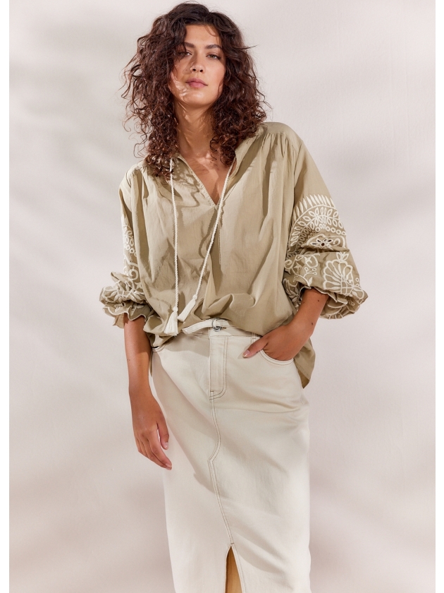 Summum Woman Top Ivory Embroidery 616 Green Lentil
