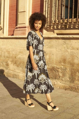 Tramontana Dress Overlap Palm Print Blacks