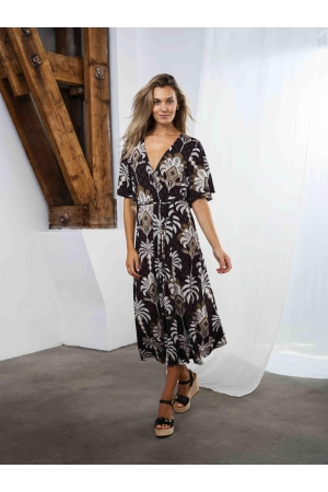 Tramontana Dress Overlap Palm Print Blacks
