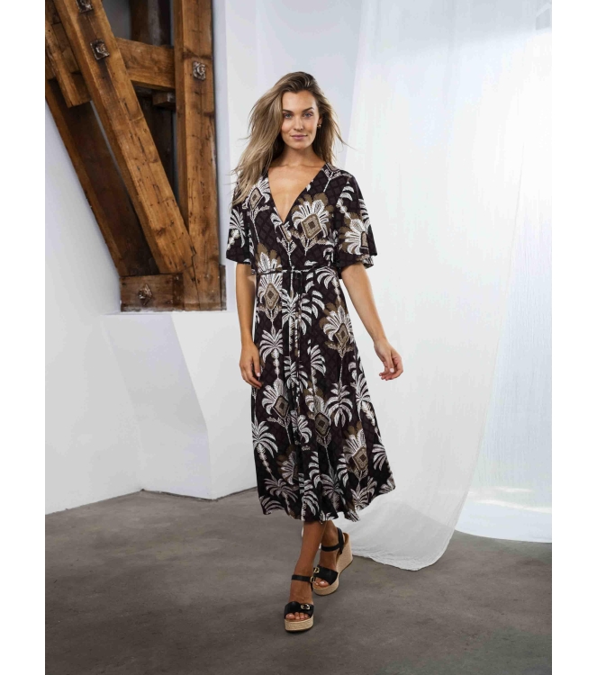Tramontana Dress Overlap Palm Print Blacks