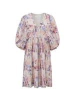 Yaya Printed dress w. ballon slv Flamingo plume pink dessin