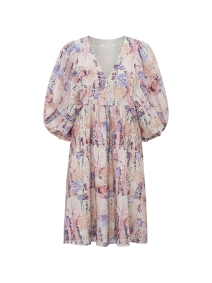 Yaya Printed dress w. ballon slv Flamingo plume pink dessin