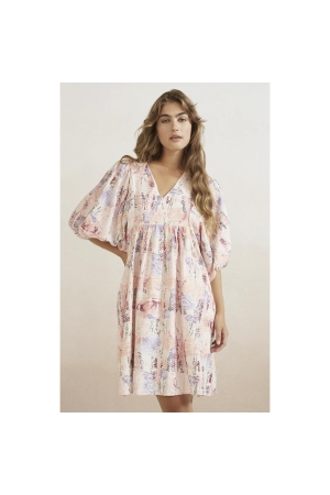 Yaya Printed dress w. ballon slv Flamingo plume pink dessin