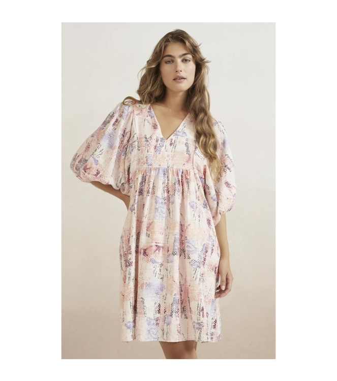 Yaya Printed dress w. ballon slv Flamingo plume pink dessin