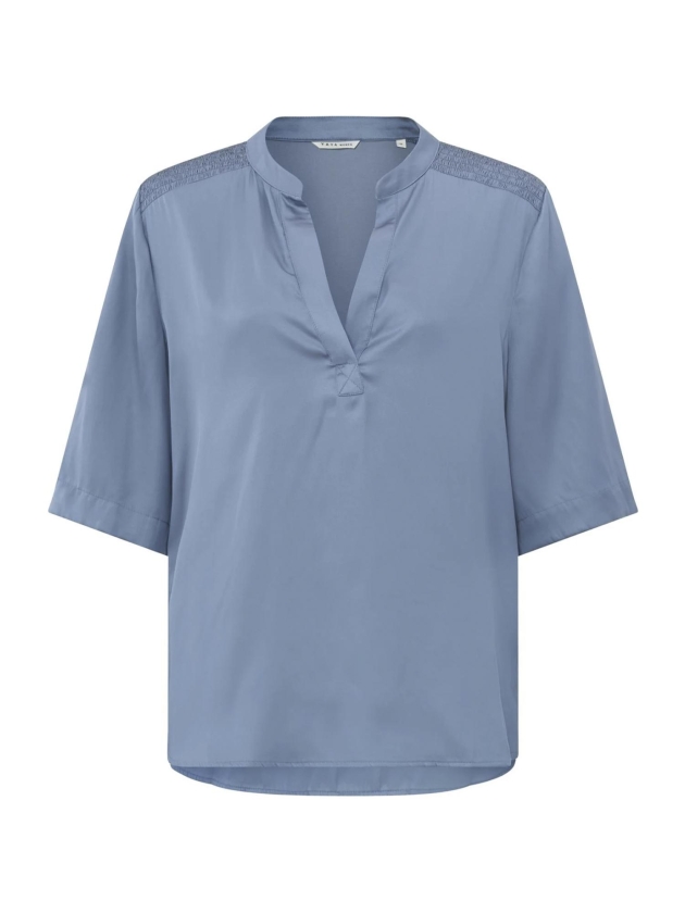 Yaya Satin v-neck top w. smock and Infinity blue
