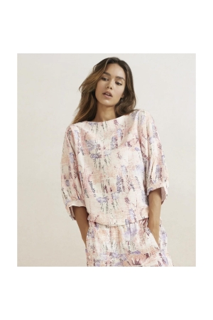 Yaya Printed batwing boatneck top Flamingo plume pink dessin