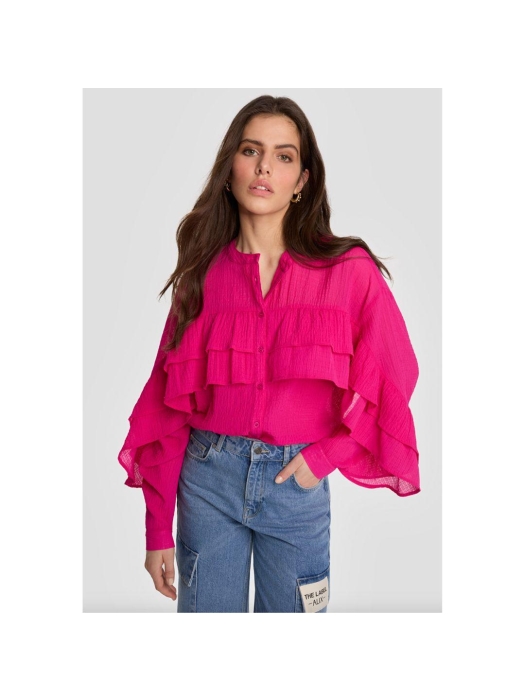 Alix the Label ladies woven structured chiffon ruffle blouse 320 magenta pink