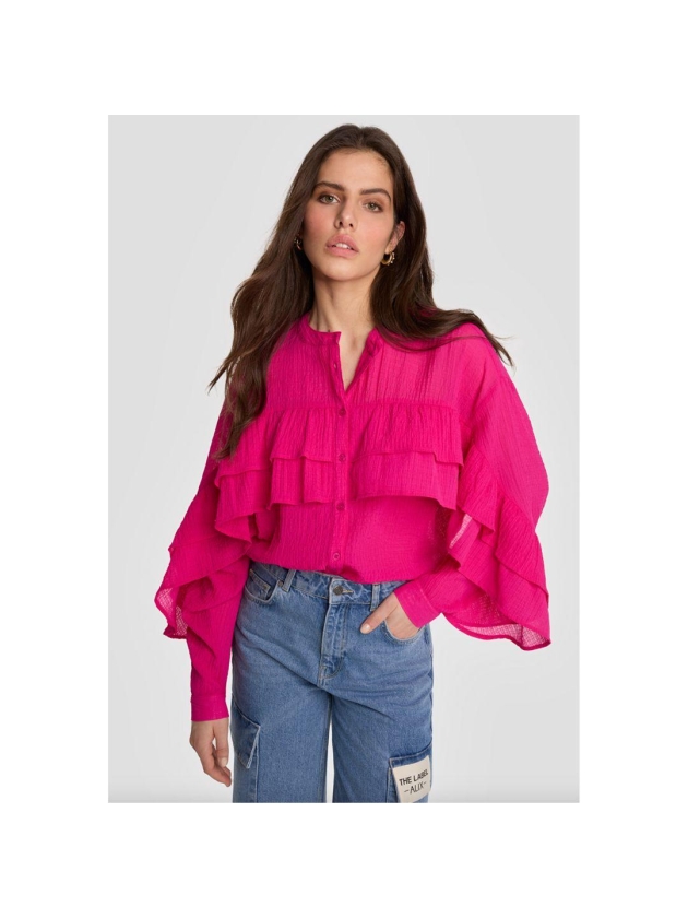 Alix the Label ladies woven structured chiffon ruffle blouse 320 magenta pink